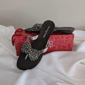 Silver Beaded Satin Slide Sandals Size 7